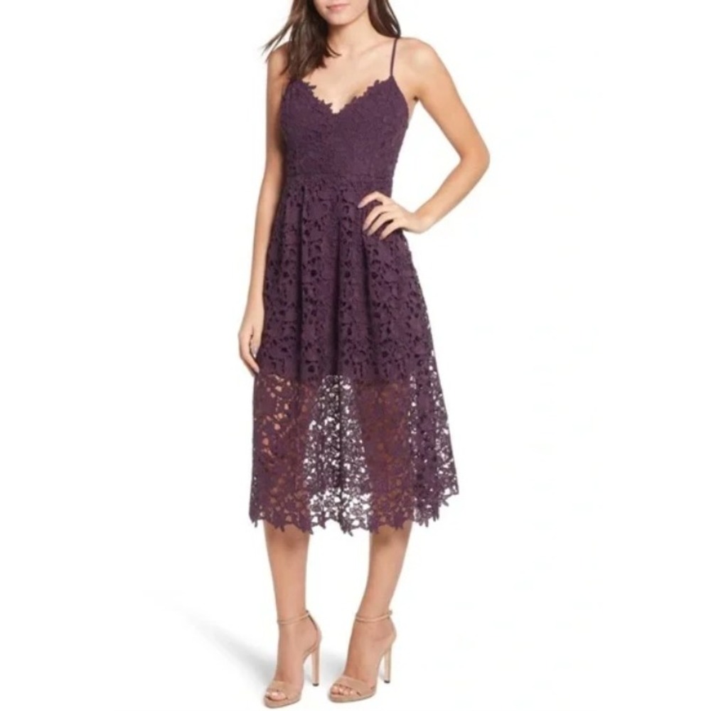 ASTR the Labelโ Revolve Lace Midi Dress Med Eggplant Purple Adjustable Straps